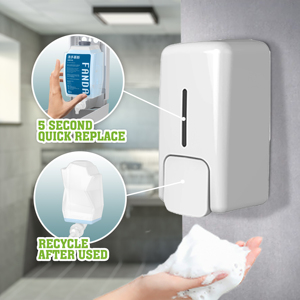 Dispensador de jabón de espuma para vestíbulo de hotel comercial con cartucho, modelo manual de plástico FANDA, fabricado en Taiwán - Product Image 3