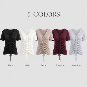 T-shirt en soie de mûrier pour femme, col en V, manches courtes, coupe ajustée, haut en maille avec cordon de serrage, logo personnalisé, doux, respirant, idéal pour l'été - Product Image 4