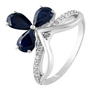 Bague en forme de fleur avec saphir bleu et diamant, sertie de griffes et de crochets, en argent sterling 925, style luxueux pour femme - Product Image 2