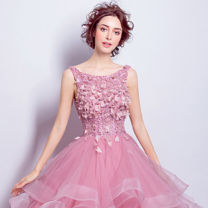 Rose Pink Ball Gown Evening Dress Sweetheart Neckline Empire Waist Floral Print For Wedding Toast Party - Product Image 3
