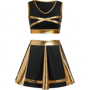 Ensemble uniforme de pom-pom girl noir et or avec coutures contrastées, fermetures éclair, séchage rapide, haut court sans manches, taille haute, en Spandex et Polyester unis - Product Image 1