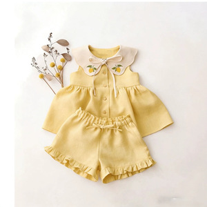 Completo Estivo <span class=keywords><strong>per</strong></span> <span class=keywords><strong>Neonati</strong></span> in Cotone e Lino, Top Senza Maniche Ricamato e Pantaloncini, Set 2 Pezzi alla Moda - Product Image 2