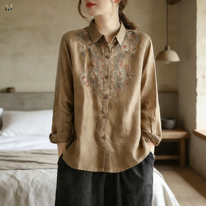 Camisas Étnicas Chinas Personalizadas para Mujer, Bordadas con Flores, Manga Larga, Cierre de Botones, 100% <span class=keywords><strong>Lino</strong></span>, Color Marrón y Blanco - Product Image 1