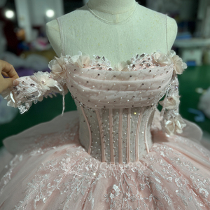 Vestido de Quinceañera Rosa Polvo Mct002 con Drapeado, Mangas Transparentes con Flores 3D, Brillante, para Fiesta de 15 Años, Vestido Natural - Product Image 6