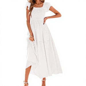 Robe midi blanche à manches volantées, col carré, en mousseline, coupe ample, ourlet asymétrique, robe décontractée d'été pour femme - Product Image 3