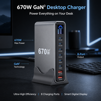 Bloc chargeur multi-ports haute puissance 670W, station de charge rapide 8-en-1 pour bureau, affichage de la puissance, adaptateur secteur multi-appareils PD QC