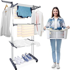 Étagère de séchage pliante en tissu Étagères mobiles Sèche-<span class=keywords><strong>linge</strong></span> en métal pour vêtements Suspendus Conception détachable 4 roues pour chaussures de garde-robe - Product Image 3