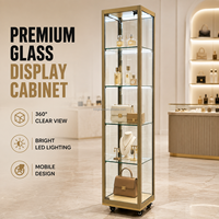 Vitrine de luxe en aluminium doré et verre avec éclairage LED et roulettes pour bijoux, parfums, cosmétiques, vitrine de magasin de détail