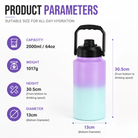 Bouteille isotherme sous vide en acier inoxydable 304 de 2000 ml (64 oz) avec logo personnalisé, poignée, revêtement en poudre dégradé, conforme FDA, cadeaux d'affaires