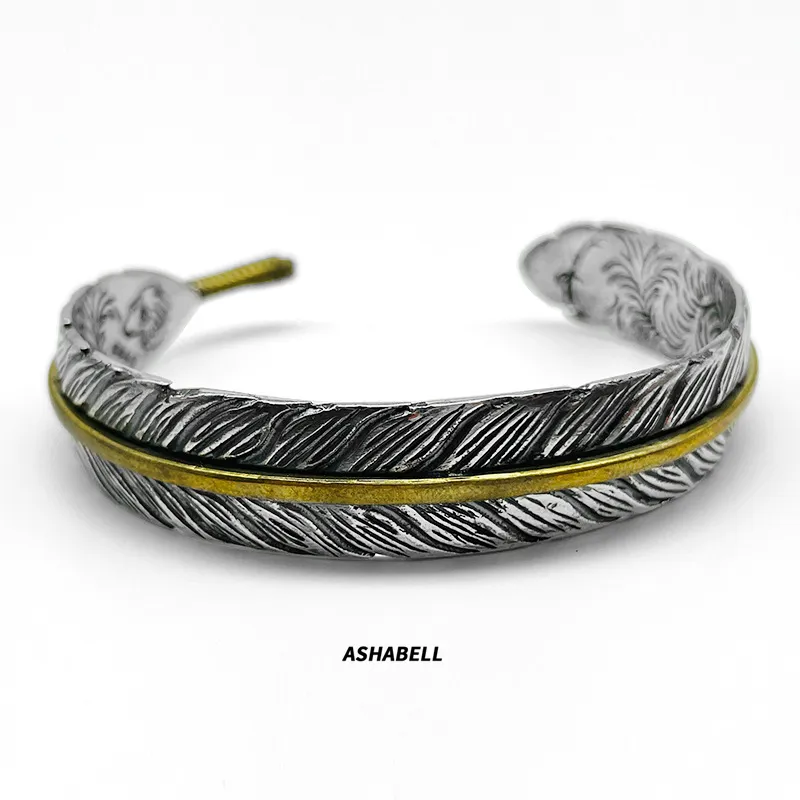 S925 silver retro old Takahashi arabesque pattern feather open bracelet personality trendy punk hiphop all-match jewelry