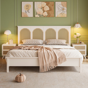 French Style Cream Solid Wood Rattan <b>Bed</b> 1.8M <b>Double</b> Platform <b>Bed</b> For Bedroom - Product Image 4