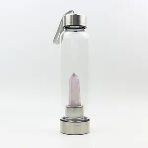 Bouteille d'eau en cristal Borosilicate à haute teneur en acier inoxydable, 550ml, écologique, avec couvercle en acier inoxydable, Logo personnalisé, pierre précieuse, Rose