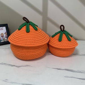 Woven Pumpkin Storage Basket With Lid Round Cotton Rope Craft Decorative Container For Home Organization Large And Small Size - Product Image 1