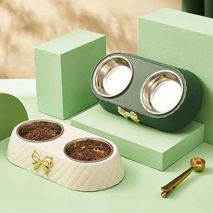 Mangkuk makanan hewan peliharaan 201 dapat dilepas baja tahan karat mangkuk ganda dekorasi dasi kupu-kupu Aksesori hewan peliharaan untuk anjing kucing - Product Image 4