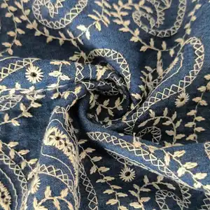 New Design Woven Blue Paisley Embroidered 100% Imported BCI Cotton Damask Fabric For Garments