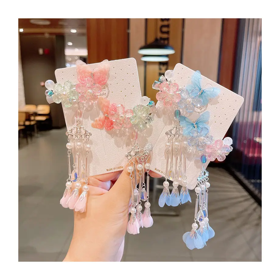 2021 Fashion Hanfu Kids Hair Accessories Handmade Tassels Chinese Hairpin Sweet Girl Butterfly Hair Clips