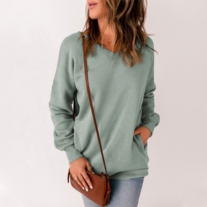 JL0922C Color sólido Top sudadera de mujer sudaderas con capucha con cuello en V bolsillo manga larga pulóver suelto polar sudadera vestido de mujer - Product Image 2