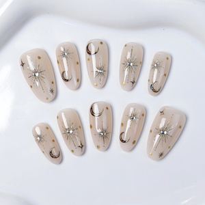 <span class=keywords><strong>Faux</strong></span> ongles à presser personnalisés en acrylique, motif étoile et lune, faits main, style bohème, forme amande, réutilisables, à coller sur les doigts - Product Image 3