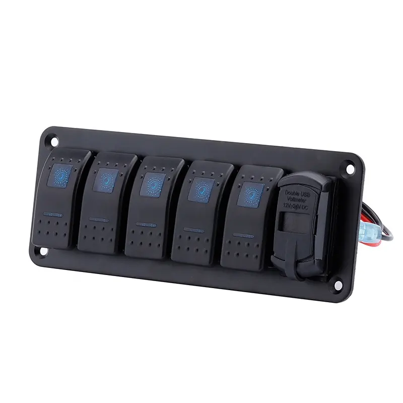 Waterproof 6Gang ON OFF SPST USB Charger With Voltmeter Dual Led Marine Rocker Switch Panel