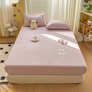 Drap-<span class=keywords><strong>housse</strong></span> imprimé à pois rose chaud de style coréen, tissu en velours de lait de qualité supérieure, taille Queen, drap-<span class=keywords><strong>housse</strong></span> pour lit deux <span class=keywords><strong>personnes</strong></span> - Product Image 1