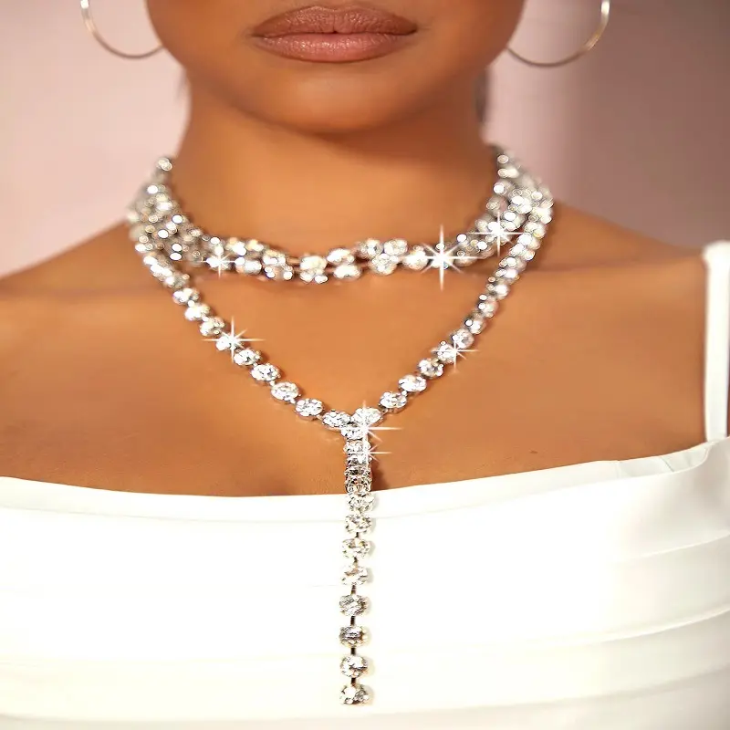 2022 Fashion Luxury Crystal Necklace in Clear Bright Full Rhinestone Choker Necklace Large Statement Jewelry Wedding for Women
