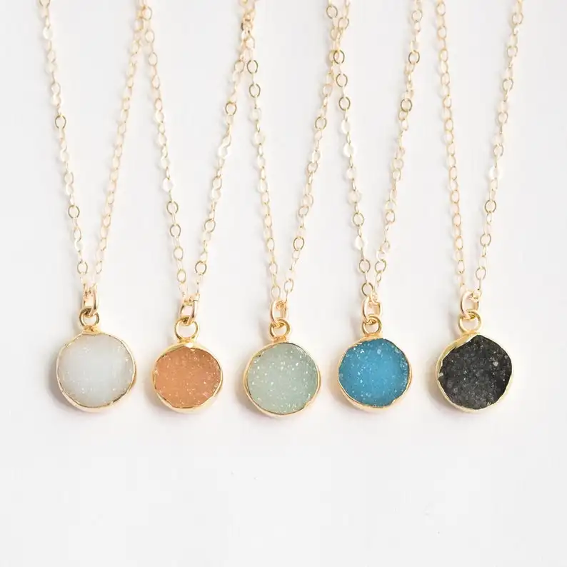 925 sterling silver full moon necklaces women gold plated natural druzy crystal raw stone moon crescent necklace