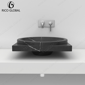 Lavabo vasque moderne en marbre noir, finition polie, design minimaliste à poser sur le plan de salle de bain - Product Image 6
