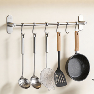 304 Stainless Steel Wall Mounted <b>Kitchen</b> <b>Rack</b> With Movable Hooks <b>For</b> Pot Pan Spatula Spoon <b>Storage</b> - Product Image 1