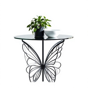 Table console en métal au design papillon contemporain avec plateau en verre trempé, meubles de salon modernes, base sur piédestal faite à la main - Product Image 1