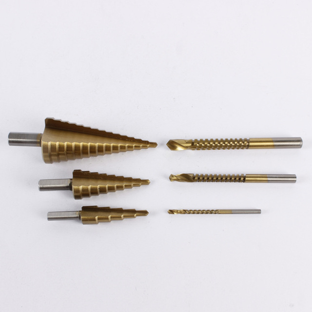 High-Speed Steel Titanium Coated Triangular Shank Step Drill Set 6PCS Hand Power OEM Straight-Slot Saw Tapered Drill Bits