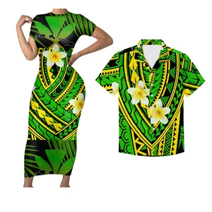 ミックスカラーマオリトライバルポリネシアンハワイ2個セット女性夏半袖ロングドレスマッチメンズシャツカップル服プラスサイズ