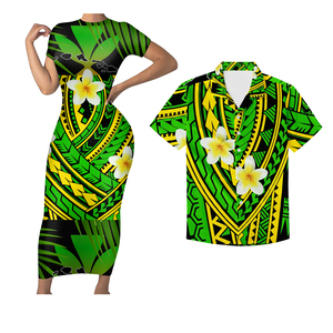 Mix Color Maoli Tribal Polynesian Hawaii 2Pcs Set <strong>Women</strong> Summer Short Sleeve Long Dress Match Men Shirt Couple <strong>Clothing</strong> <strong>Plus</strong> <strong>Size</strong> - Product Image 1