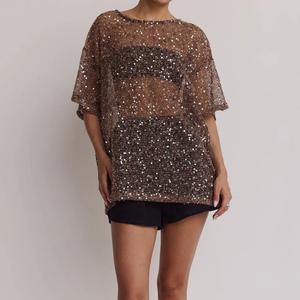 Camicetta estiva da <span class=keywords><strong>donna</strong></span> Channel <span class=keywords><strong>con</strong></span> glitter, trasparente, a maniche corte, in rete <span class=keywords><strong>con</strong></span> <span class=keywords><strong>paillettes</strong></span> - Product Image 5