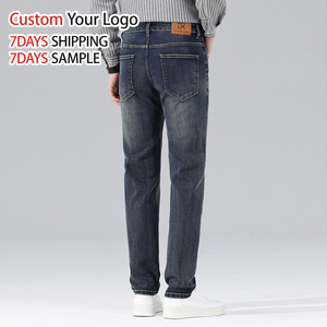 Jeans pour hommes personnalisés de haute qualité, en denim bleu extensible, décontractés, coupe ample, jambe droite, délavage clair - Product Image 3