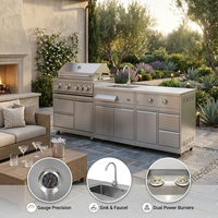 Îlot de cuisine extérieur modulaire en acier inoxydable 304 avec barbecue à gaz 5 brûleurs, évier et doubles brûleurs pour patio arrière-cour