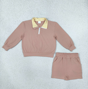 Conjunto de 2 piezas para niñas, conjunto de top con cuello a cuadros de manga larga y pantalones cortos - Product Image 2