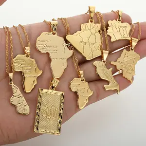 Grosir afrika kalung pria-Kalung Peta Afrika Berlapis Emas 18K, Kalung Hiphop Peta Afrika Pria dan Wanita Tembaga