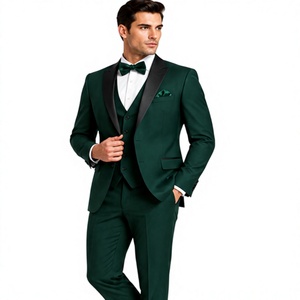 Costume de mariage trois pièces vert pour homme de haute qualité, coupe ajustée, blazer à revers noir, gilet et pantalon, tenue formelle pour banquets et soirées - Product Image 5