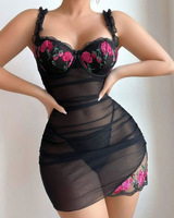 Gaun Tidur Seksi Hitam Transparan Berbahan Mesh dengan Bordir Bunga Mawar Pink dan Renda, Pakaian Tidur Boudoir Lingerie