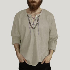 Camisa de <span class=keywords><strong>Hombre</strong></span> de Manga Larga con Cuello Alto, Estilo Informal, Color Sólido, con Cordón Ajustable, de Algodón y Lino - Product Image 1