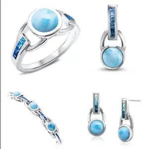 Massiver Sterling Silber Blau Larimar Schmuck Set Anhänger Ring Ohrringe Naturstein Schmuck