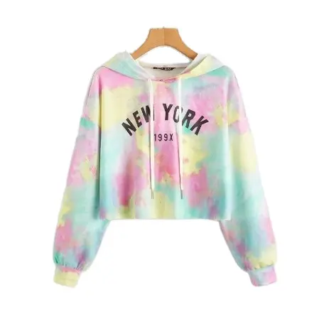Frühling Herbst Drop Schulter druck glücklich New York Graphic Tie Dye Crop Top Hoodies für Frauen Pullover Sweatshirt