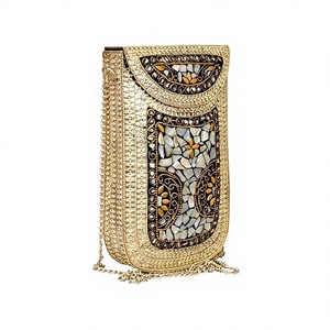 Gold Plated Brass Antique Enamel Embossed Kundan Mosaic Chain <b>Bag</b> <b>Clutch</b> <b>White</b> Stone Wedding Gift for Birthday Party - Product Image 1