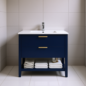 Meuble-lavabo autoportant 36x18 en contreplaqué, 2 tiroirs, design élégant, finition peinte rectangulaire sur pieds - Product Image 2
