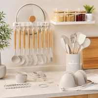 Ensemble d'ustensiles de cuisine en silicone antiadhésif 36 pièces avec manche en bois, spatule, cuillère, spatule à retourner, fouet résistants à la chaleur avec support