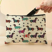 Trousse de maquillage vintage en toile avec motif Teckel en pulls, pochette cosmétique réutilisable à fermeture éclair pour le voyage