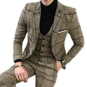 Chaqueta de <span class=keywords><strong>Tweed</strong></span> <span class=keywords><strong>a</strong></span> <span class=keywords><strong>cuadros</strong></span> de talla grande para hombre, <span class=keywords><strong>traje</strong></span> de <span class=keywords><strong>3</strong></span> <span class=keywords><strong>piezas</strong></span>, ajustado, de tela - Product Image 1