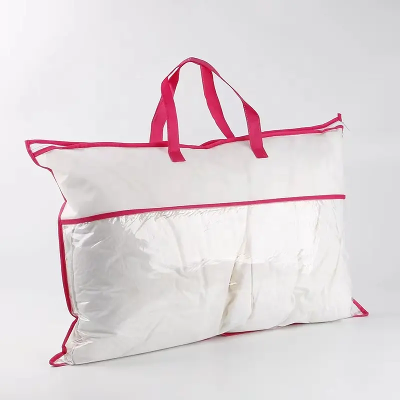 Dokunmamış net PVC vinil yastık ve yatak çanta kolları depolama fermuarlı çanta yatak ambalaj poşetleri plastik
