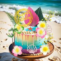 Set de Adornos para Pastel Hawaiano, Hoja de Palma, Abanico, Plumeria, Helecho, Estrella de Mar, Concha, Coral, Dorado y Blanco, Decoración para Pastel de Feliz Cumpleaños