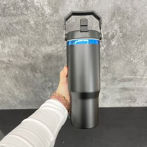 Gobelet isotherme 30 oz en acier inoxydable bleu plaqué, anti-fuite, avec paille rabattable, personnalisable avec logo, pour boissons froides, idéal pour gravure laser - Product Image 1